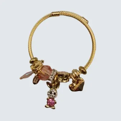 Pembe Tavşanlı Gold Renk Çelik Pandora